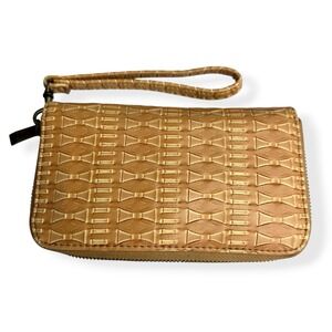 Women's Tan Brown Leather Faux‎ Embossed Pattern Wristlet Wallet With Strap